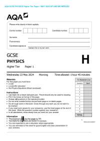 AQA GCSE PHYSICS Higher Tier Paper 1 MAY 2024 QP AND MS MERGED