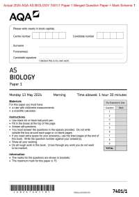 Actual 2024 AQA AS BIOLOGY 7401/1 Paper 1 Merged Question Paper + Mark Scheme  Actual 2024