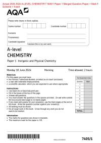 Actual 2024 AQA A-LEVEL CHEMISTRY 7405/1 Paper 1 Merged Question Paper + Mark  Scheme + In