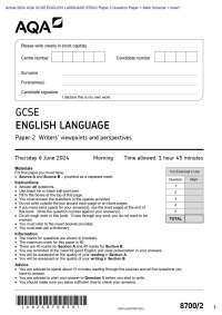 Actual 2024 AQA GCSE ENGLISH LANGUAGE 8700/2 Paper 2 Question Paper + Mark Scheme + Insert