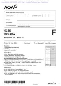 Actual 2024 AQA GCSE BIOLOGY 8461/1F Paper 1 Foundation Tier Question Paper + Mark Scheme