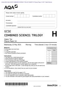 Actual 2024 AQA GCSE COMBINED SCIENCE: TRILOGY 8464/P/1H Physics Paper 1H QP + Mark Scheme