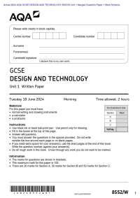 Actual 2024 AQA GCSE DESIGN AND TECHNOLOGY 8552/W Unit 1 Merged Question Paper + Mark Sche