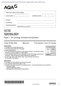 Actual 2024 AQA GCSE SOCIOLOGY 8192/1 Paper 1 Merged Question Paper + Mark Scheme Actual 2