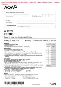 Actual 2024 AQA A-level FRENCH 7652/1 Paper 1 QP + Mark Scheme + Insert + Listening  Trans