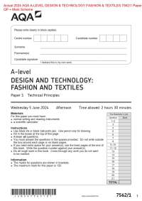 Actual 2024 AQA A-LEVEL DESIGN & TECHNOLOGY FASHION & TEXTILES 7562/1 Paper 1  QP + Mark