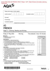 Actual 2025 AQA AS FRENCH 7651/1 Paper 1 QP + Mark Scheme (Includes Listening  Transcript)