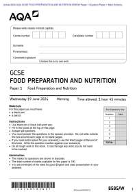 . Actual 2024 AQA GCSE FOOD PREPARATION AND NUTRITION 8585/W Paper 1 Question Paper + Mark