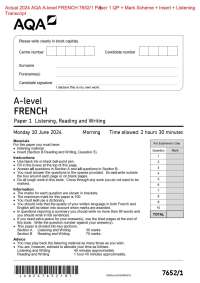 Actual 2024 AQA A-level FRENCH 7652/1 Paper 1 QP + Mark Scheme + Insert + Listening  Trans
