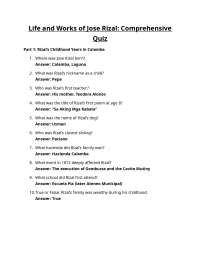 Life and Works of Jose Rizal - Complete Quiz (Questions and Answers)