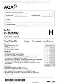 Actual 2024 AQA GCSE CHEMISTRY 8462/1H Paper 1 Higher Tier Merged Question Paper + Mark Sc
