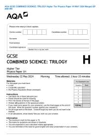 AQA GCSE COMBINED SCIENCE: TRILOGY Higher Tier Physics Paper 1H MAY 2024 Merged QP AND MS