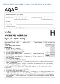 AQA GCSE MODERN HEBREW Higher Tier Paper 4 Writing JUNE 2024 Merged QP AND MS