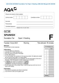 AQA GCSE SPANISH Foundation Tier Paper 3 Reading JUNE 2024 Merged QP AND MS