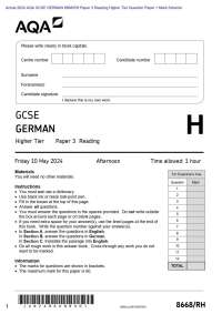 Actual 2025 AQA GCSE GERMAN 8668/RH Paper 3 Reading Higher Tier Question Paper + Mark Sche