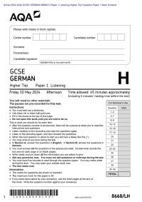 Actual 2025 AQA GCSE GERMAN 8668/LH Paper 1 Listening Higher Tier Question Paper + Mark Sc
