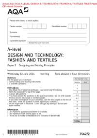 Actual 2024 AQA A-LEVEL DESIGN & TECHNOLOGY: FASHION & TEXTILES 7562/2 Paper 2  QP + Mark