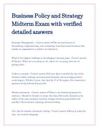 Business Policy and Strategy Midterm Exam with verified detailed answers