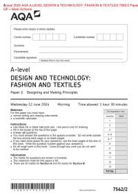 Actual 2024 AQA A-LEVEL DESIGN & TECHNOLOGY: FASHION & TEXTILES 7562/2 Paper 2  QP + Mark