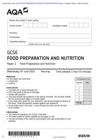 Actual 2024 AQA GCSE FOOD PREPARATION AND NUTRITION 8585/W Paper 1 Question Paper + Mark S