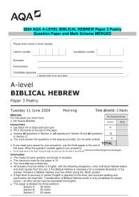 2024 AQA A-LEVEL BIBLICAL HEBREW Paper 3 Poetry Question Paper and Mark Scheme MERGED
