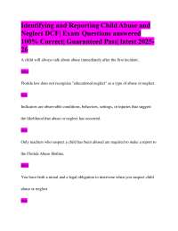 Identifying and Reporting Child Abuse and Neglect DCF| Exam Questions answered 100% Correc