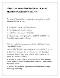 NSG 3450. Mental Health Exam 1 Review Questions with correct answers