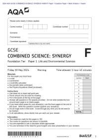 2024 AQA GCSE COMBINED SCIENCE: SYNERGY 8465/1F Paper 1 Question Paper + Mark Scheme + Ins