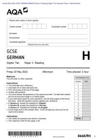 Actual 2024 AQA GCSE GERMAN 8668/RH Paper 3 Reading Higher Tier Question Paper + Mark Sche