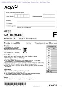 2024 AQA GCSE MATHEMATICS 8300/1F Foundation Paper 1 Question Paper + Mark Scheme + Insert
