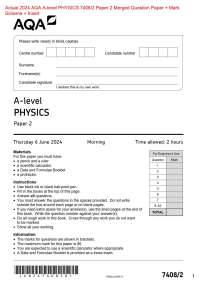 2024 AQA A-level PHYSICS 7408/2 Paper 2 Merged Question Paper + Mark  Scheme + Insert Actu