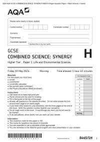 2024 AQA GCSE COMBINED SCIENCE: SYNERGY 8465/1H Paper Question Paper + Mark Scheme + Inser