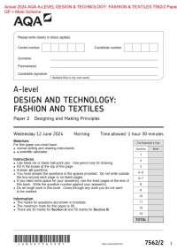 Actual 2024 AQA A-LEVEL DESIGN & TECHNOLOGY: FASHION & TEXTILES 7562/2 Paper 2  QP + Mark