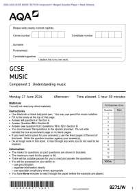 024 AQA GCSE MUSIC 8271/W Component 1 Merged Question Paper + Mark Scheme Actual 2024 AQA