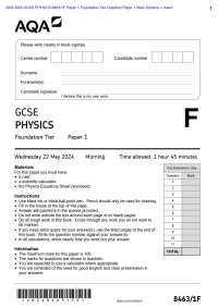 2024 AQA GCSE PHYSICS 8463/1F Paper 1 Foundation Tier Question Paper + Mark Scheme + Inse