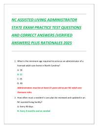 NC ASSISTED LIVING ADMINISTRATOR  STATE EXAM PRACTICE TEST QUESTIONS  AND CORRECT ANSWERS