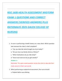 NSG 1600 HEALTH ASSESSMENT MIDTERM  EXAM 1 QUESTIONS AND CORRECT  ANSWERS (VERIFIED ANSWER