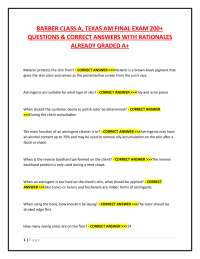BARBER CLASS A, TEXAS AM FINAL EXAM 200+  QUESTIONS & CORRECT ANSWERS WITH RATIONALES