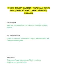 HONORS BIOLOGY SEMESTER 1 FINAL EXAM REVIEW 2025|QUESTIONS WITH CORRECT ANSWERS |A+GRADED