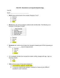 NSG 481: Biostatistics and Applied Epidemiology Quiz #1