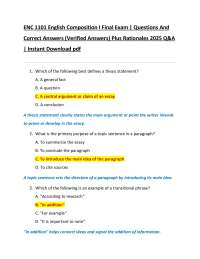 ENC 1101 English Composition I Final Exam | Questions And  Correct Answers (Verified Answe