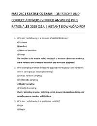 MAT 2401 STATISTICS EXAM | QUESTIONS AND  CORRECT ANSWERS (VERIFIED ANSWERS) PLUS  RATIONA