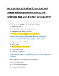 PHI 2000 Critical Thinking | Questions And  Correct Answers (Verified Answers) Plus  Ratio
