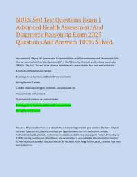 NURS 540 Test Questions Exam 1 Advanced Health Assessment And Diagnostic Reasoning Exam 20