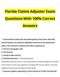 Florida Claims Adjuster Exam Questions With 100% Correct Answers