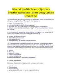 Mental Health Exam 2 Quizlet- practice questions Latest 2025 Update Graded A+