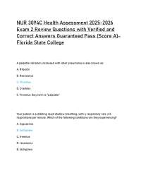 NUR 3094C Health Assessment 2025-2026  Exam 2 Review Questions with Verified Answers