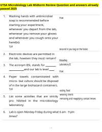 UTSA Microbiology Lab Midterm Review Question and answers already passed 2025