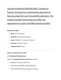 Capstone Portfolio for BSN NSG 4633: Transition to  Practice, structured as a comprehensiv