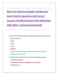 New York Asbestos Handler Certification  Exam Practice Questions And Correct  Answers (Ver